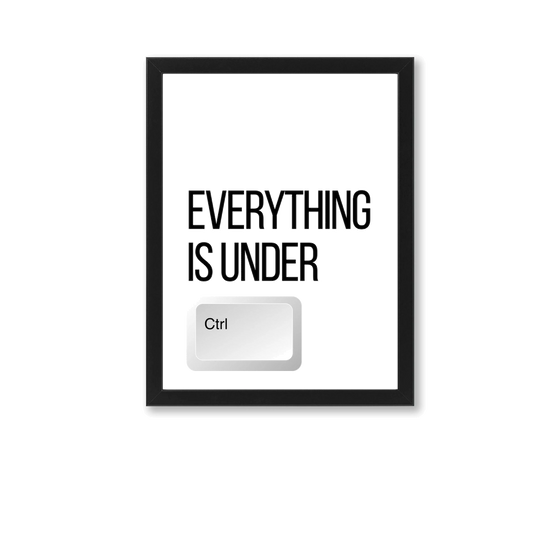 Zwart-witte poster met humoristische tekst, zwarte lijst, grote letters, Ctrl-toets afbeelding, modern design.