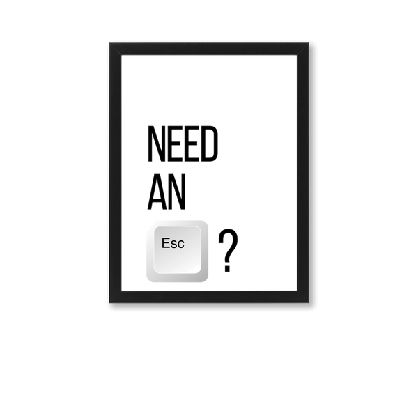 Zwart-witte poster met tekst en afbeelding van een escape-toets, in een zwarte lijst.