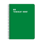 Groen notitieboek met spiraal, tekst op voorkant; humoristisch ontwerp.