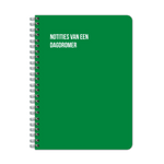 Groen notitieboek, bedrukte tekst "Notities van een dagdromer", spiraalgebonden.