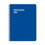 Blauw notitieboek met spiraalbinding, opdruk linksboven; perfecte plek voor jouw briljante ideeën.