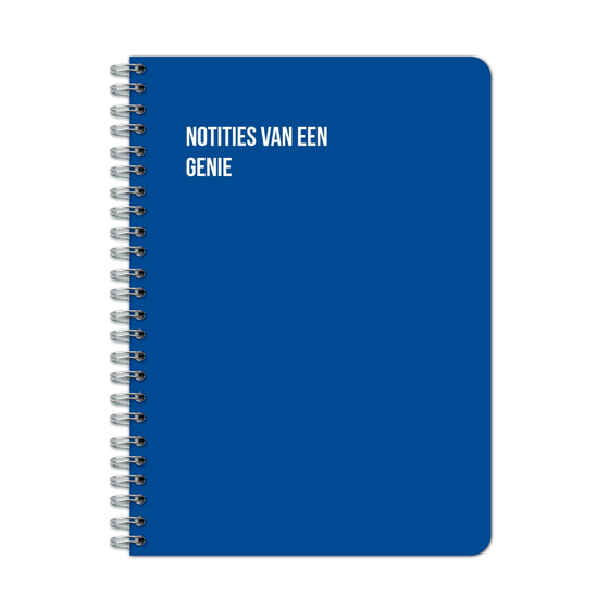 Blauw notitieboek met spiraalbinding, opdruk linksboven; perfecte plek voor jouw briljante ideeën.