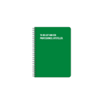 Groen notitieboekje met spiraalbinding, tekst op de voorkant: to-do list van een professioneel uitsteller.